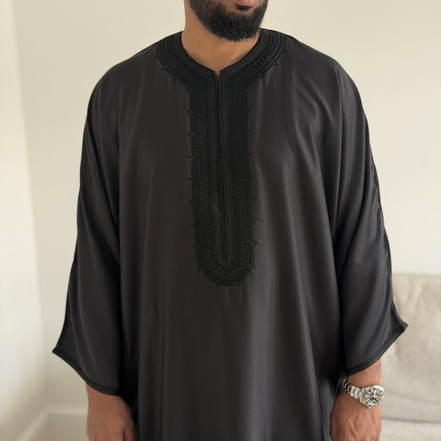 Black - Men’s Moroccan Kaftan Thobe - Premium Gaberdine Fabric