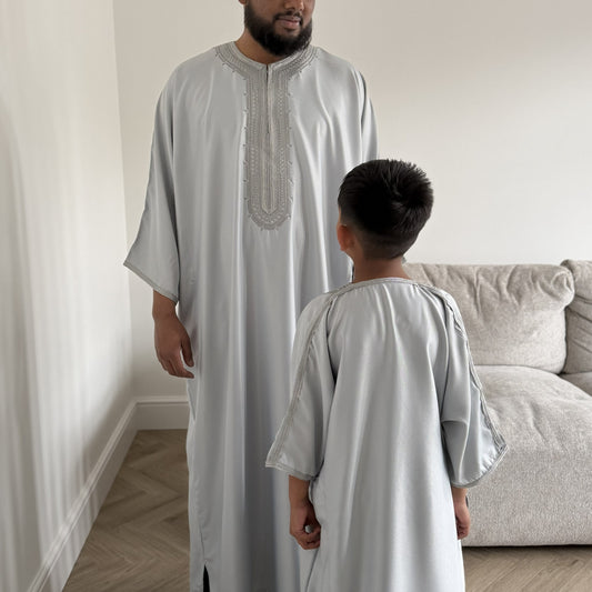Grey - Men’s Moroccan Kaftan Thobe - Premium Gaberdine Fabric