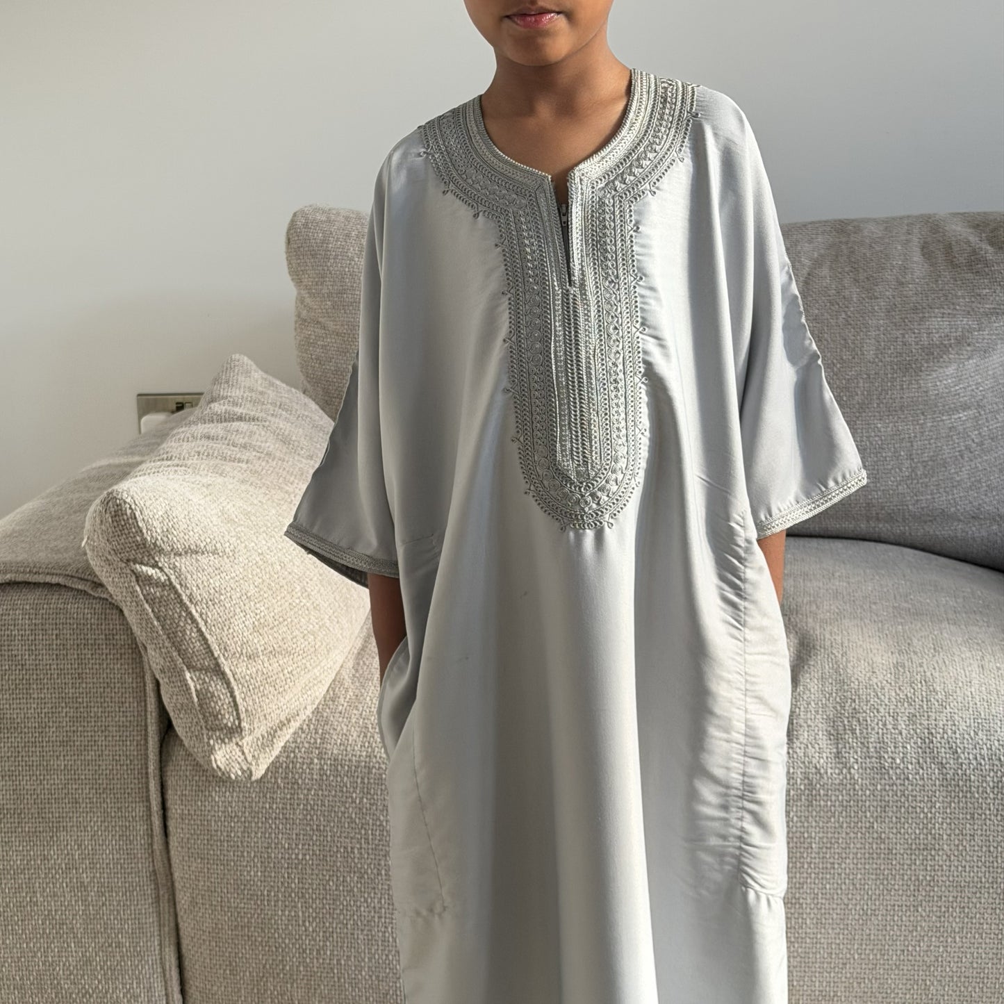 Grey - Boys Moroccan Kaftan Thobe - Premium Gaberdine Fabric