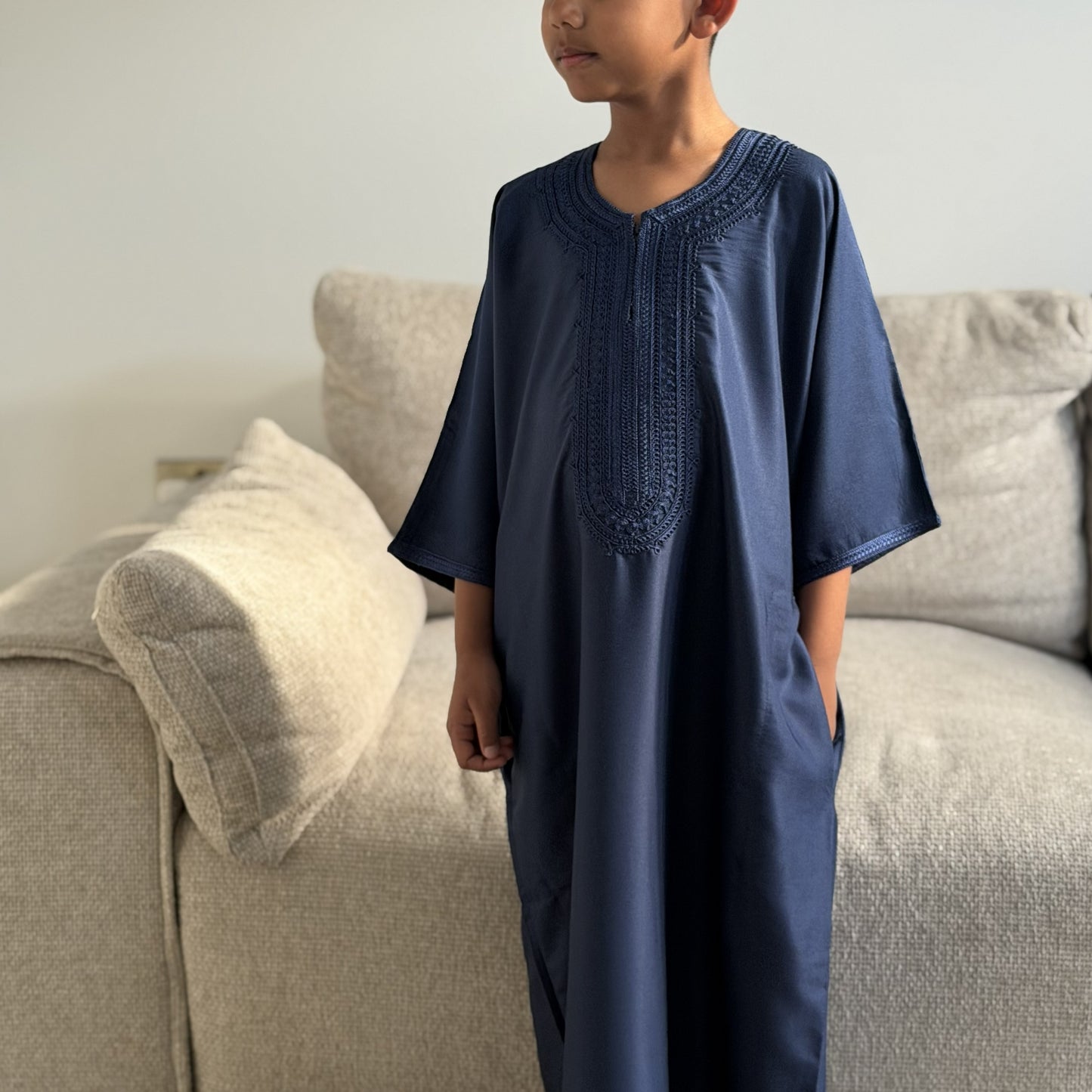 Navy Blue - Boys Moroccan Kaftan Thobe - Premium Gaberdine Fabric