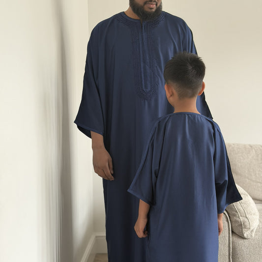 Navy Blue - Boys Moroccan Kaftan Thobe - Premium Gaberdine Fabric