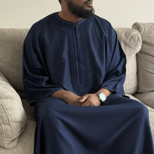 Navy Blue - Men’s Moroccan Kaftan Thobe - Premium Gaberdine Fabric