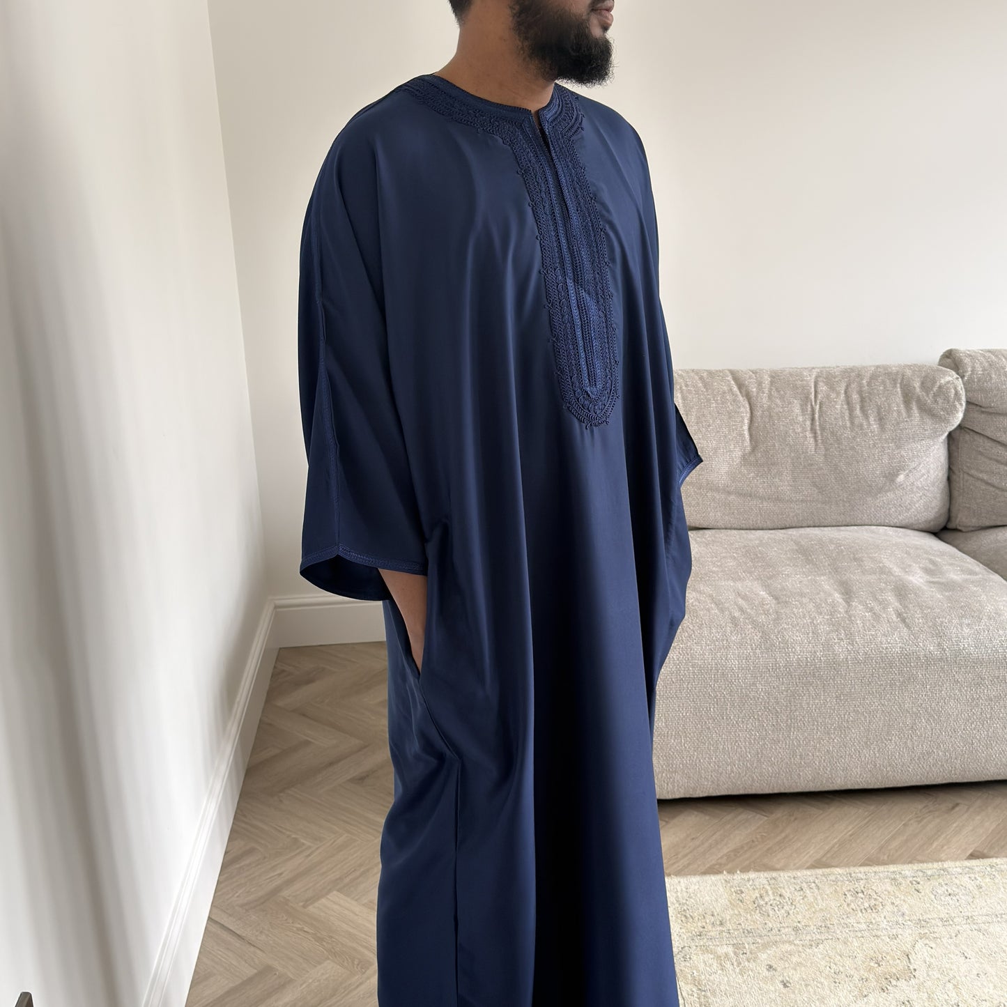 Navy Blue - Men’s Moroccan Kaftan Thobe - Premium Gaberdine Fabric