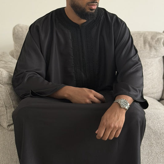 Black - Men’s Moroccan Kaftan Thobe - Premium Gaberdine Fabric