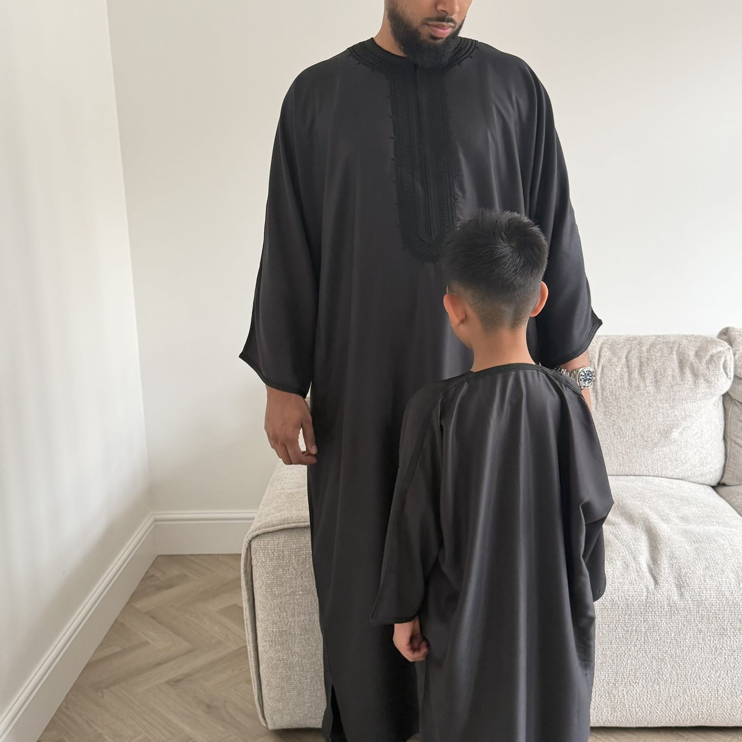 Black - Boys Moroccan Kaftan Thobe - Premium Gaberdine Fabric