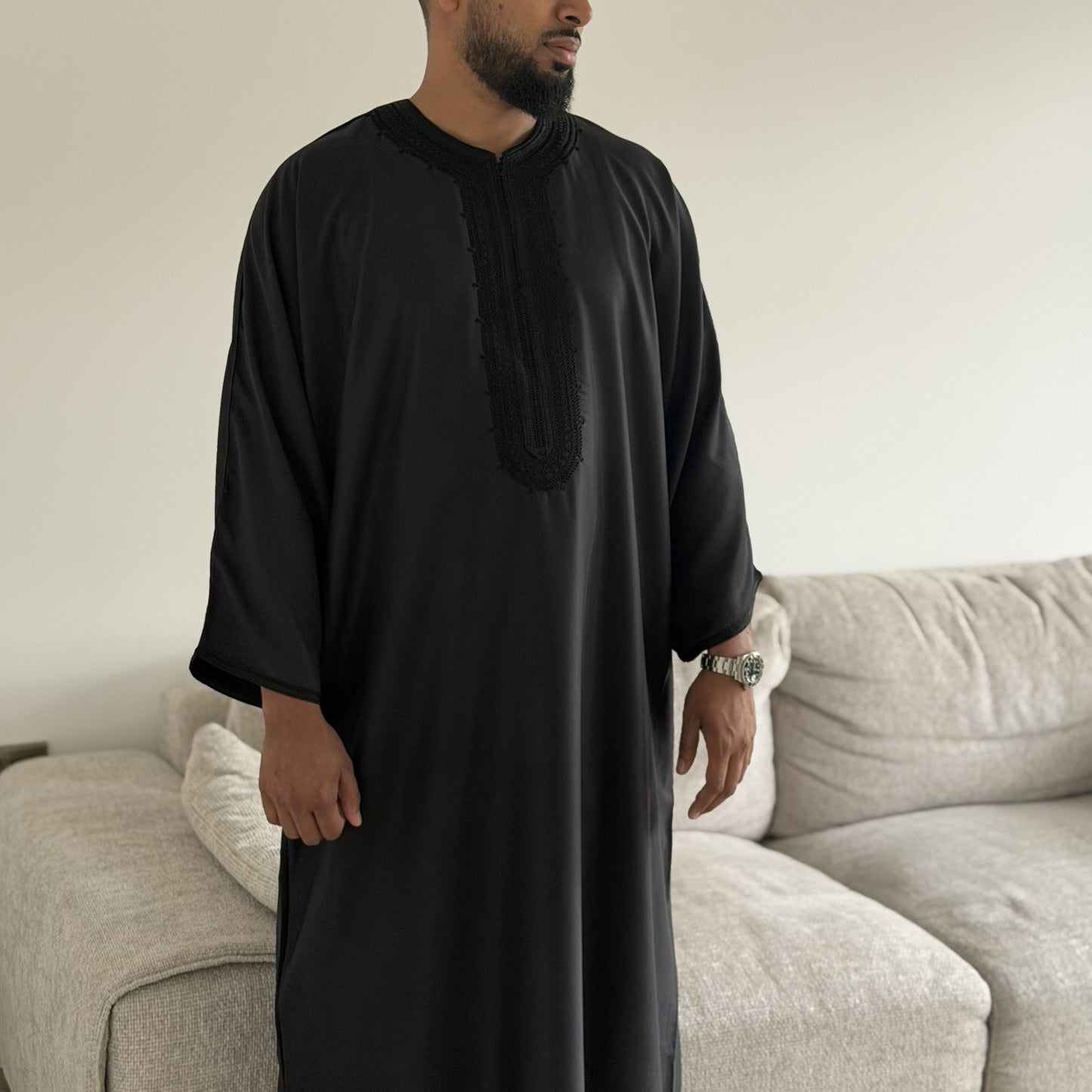Black - Men’s Moroccan Kaftan Thobe - Premium Gaberdine Fabric