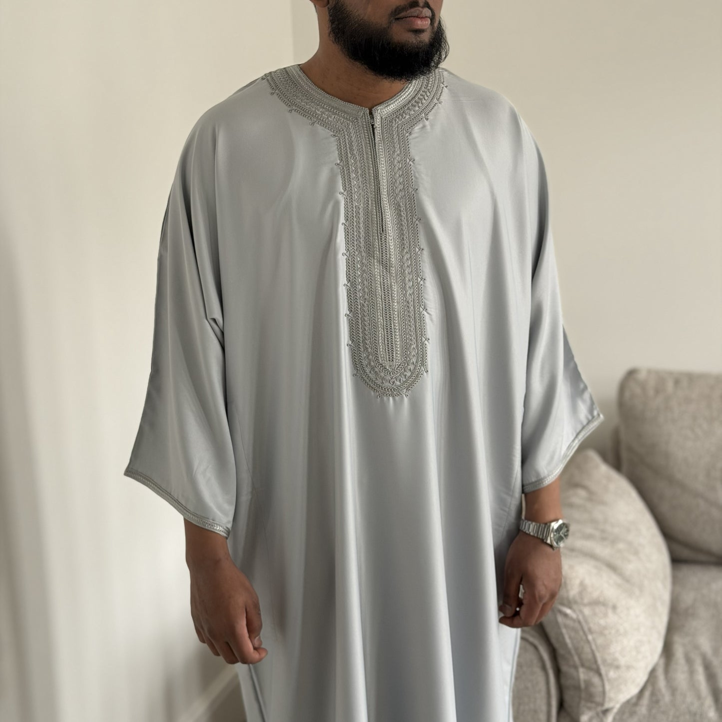 Grey - Men’s Moroccan Kaftan Thobe - Premium Gaberdine Fabric