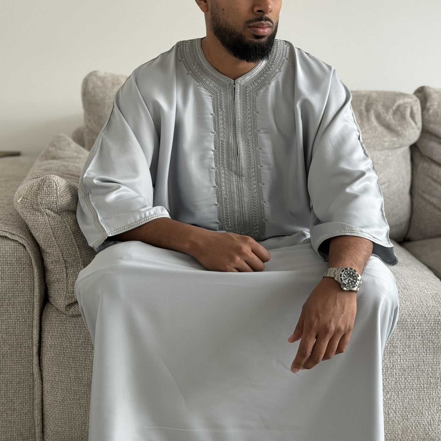 Grey - Men’s Moroccan Kaftan Thobe - Premium Gaberdine Fabric
