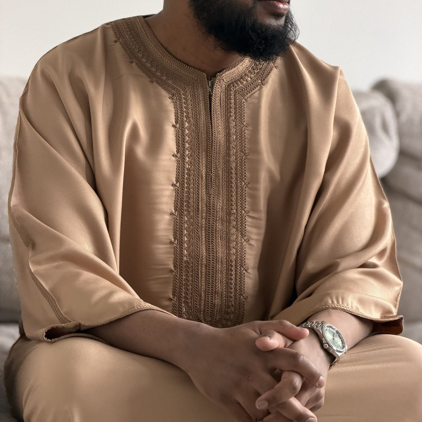 Desert Sand - Men’s Moroccan Kaftan Thobe - Premium Gaberdine Fabric
