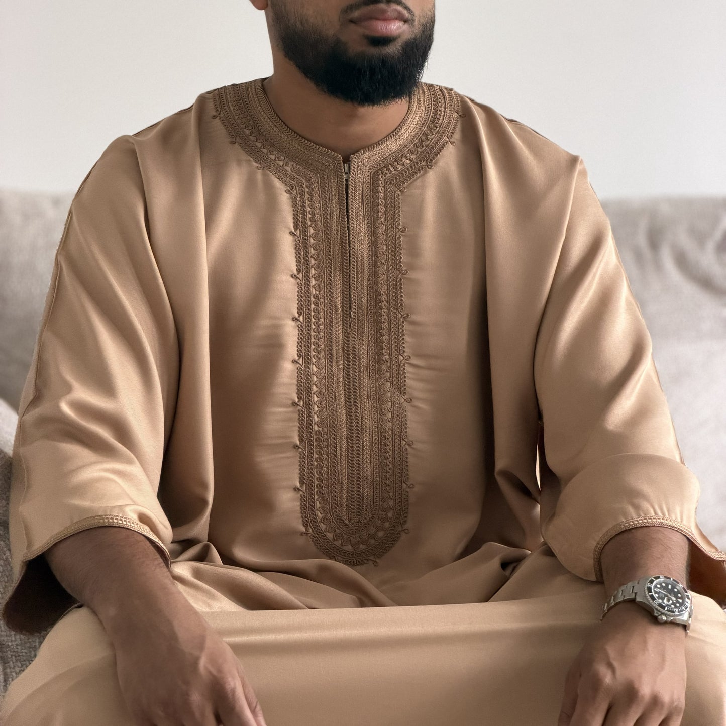 Desert Sand - Men’s Moroccan Kaftan Thobe - Premium Gaberdine Fabric