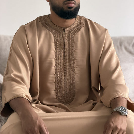 Desert Sand - Men’s Moroccan Kaftan Thobe - Premium Gaberdine Fabric