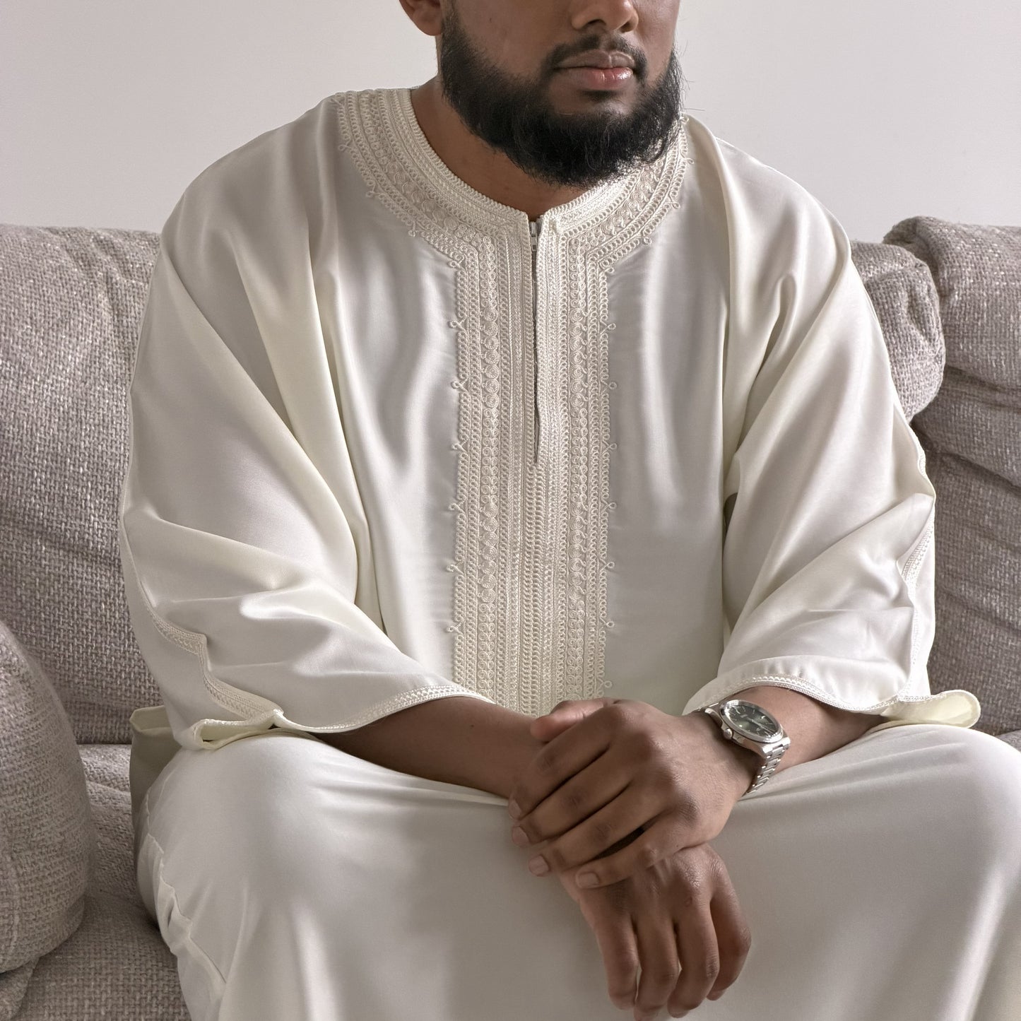 Off White - Men’s Moroccan Kaftan Thobe - Premium Gaberdine Fabric