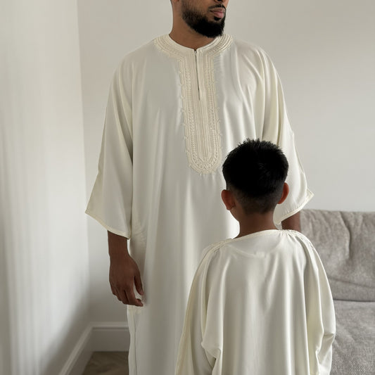 Off White - Men’s Moroccan Kaftan Thobe - Premium Gaberdine Fabric