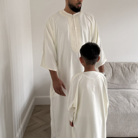 Off White - Boys Moroccan Kaftan Thobe - Premium Gaberdine Fabric