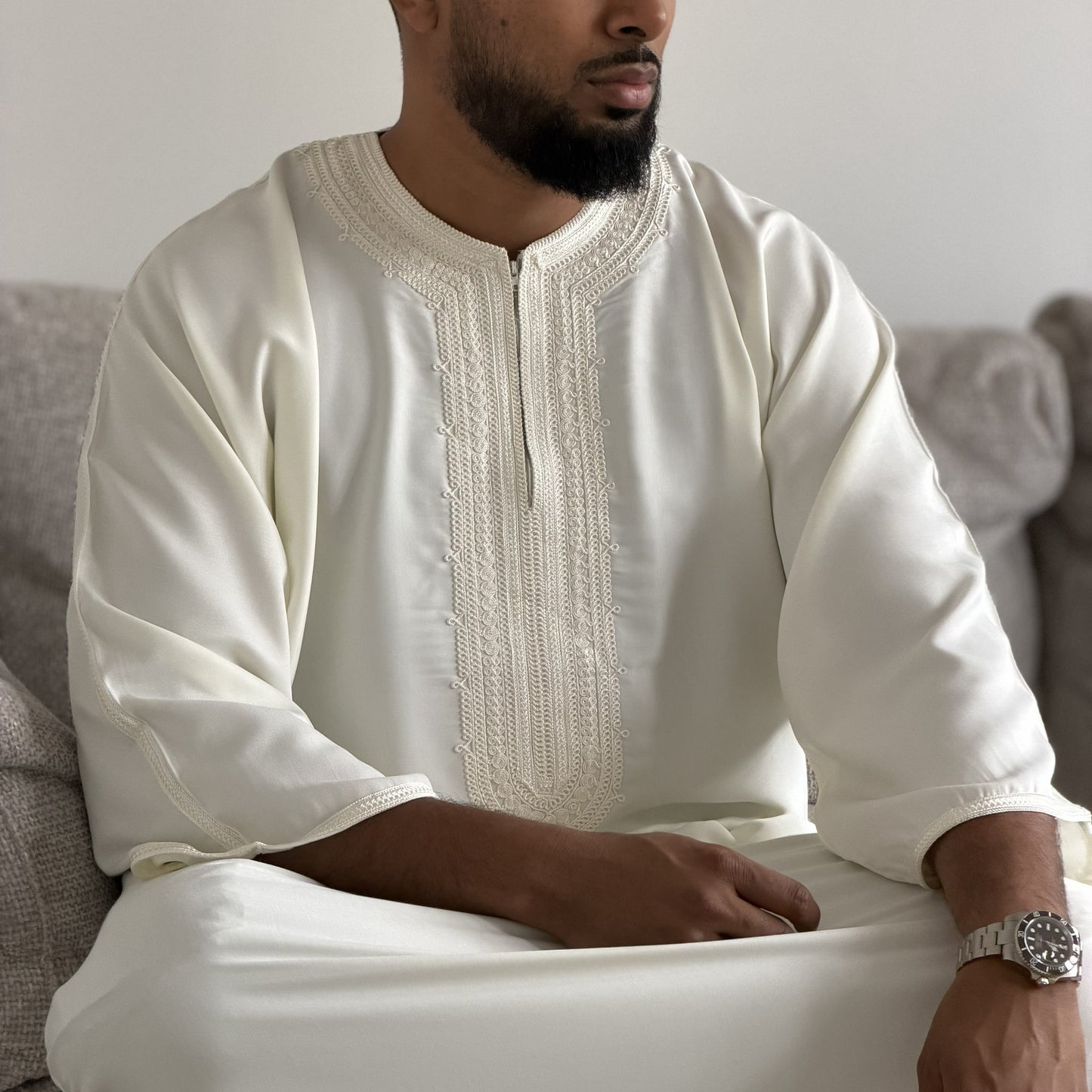 Off White - Men’s Moroccan Kaftan Thobe - Premium Gaberdine Fabric