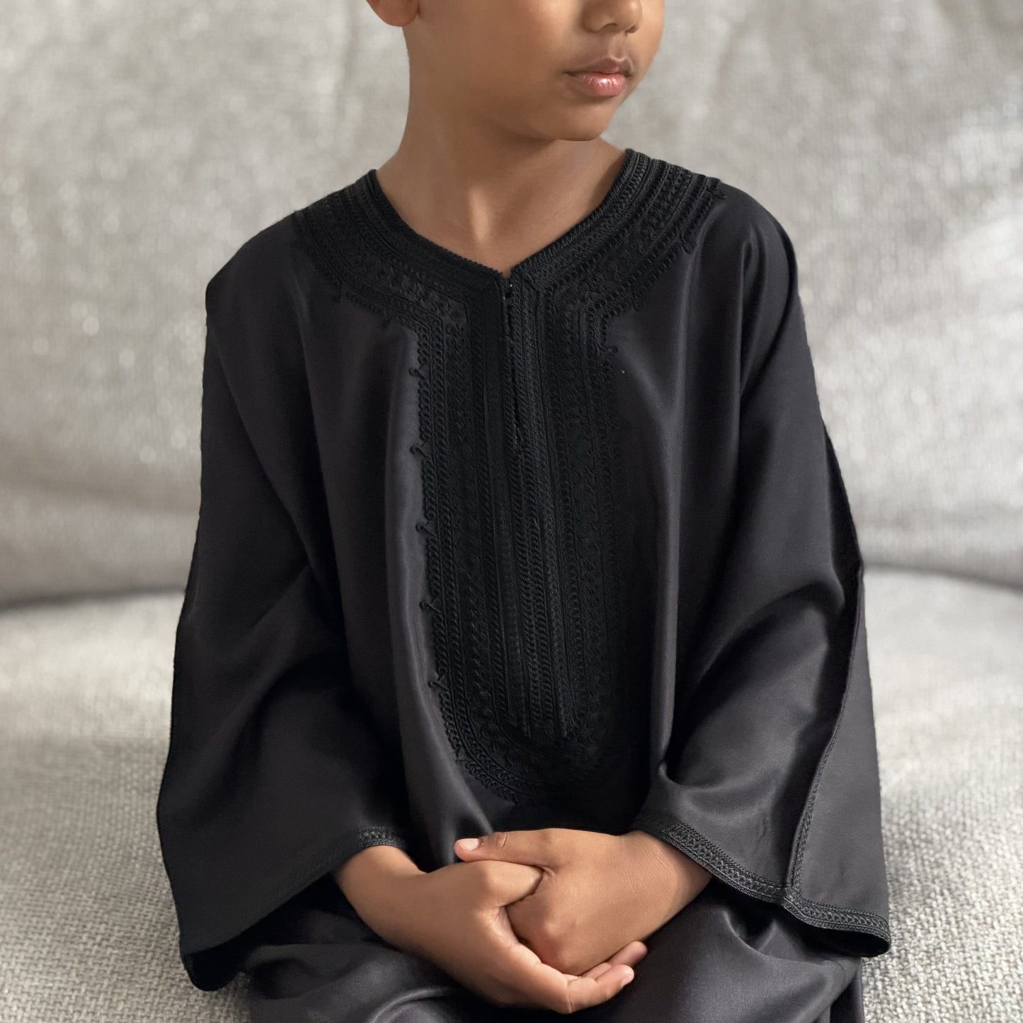 Black - Boys Moroccan Kaftan Thobe - Premium Gaberdine Fabric