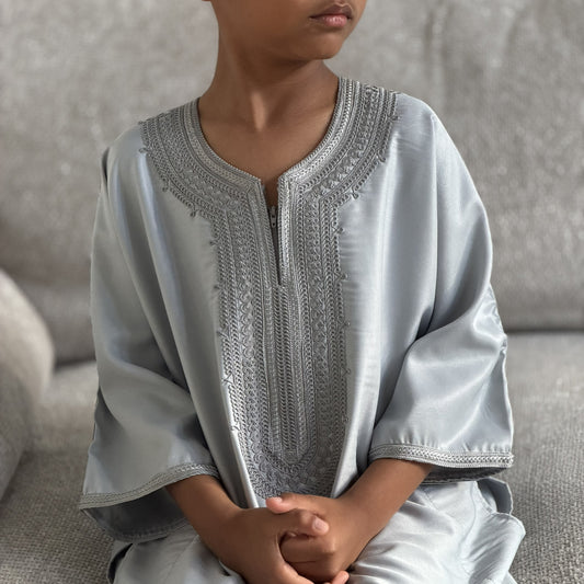 Grey - Boys Moroccan Kaftan Thobe - Premium Gaberdine Fabric