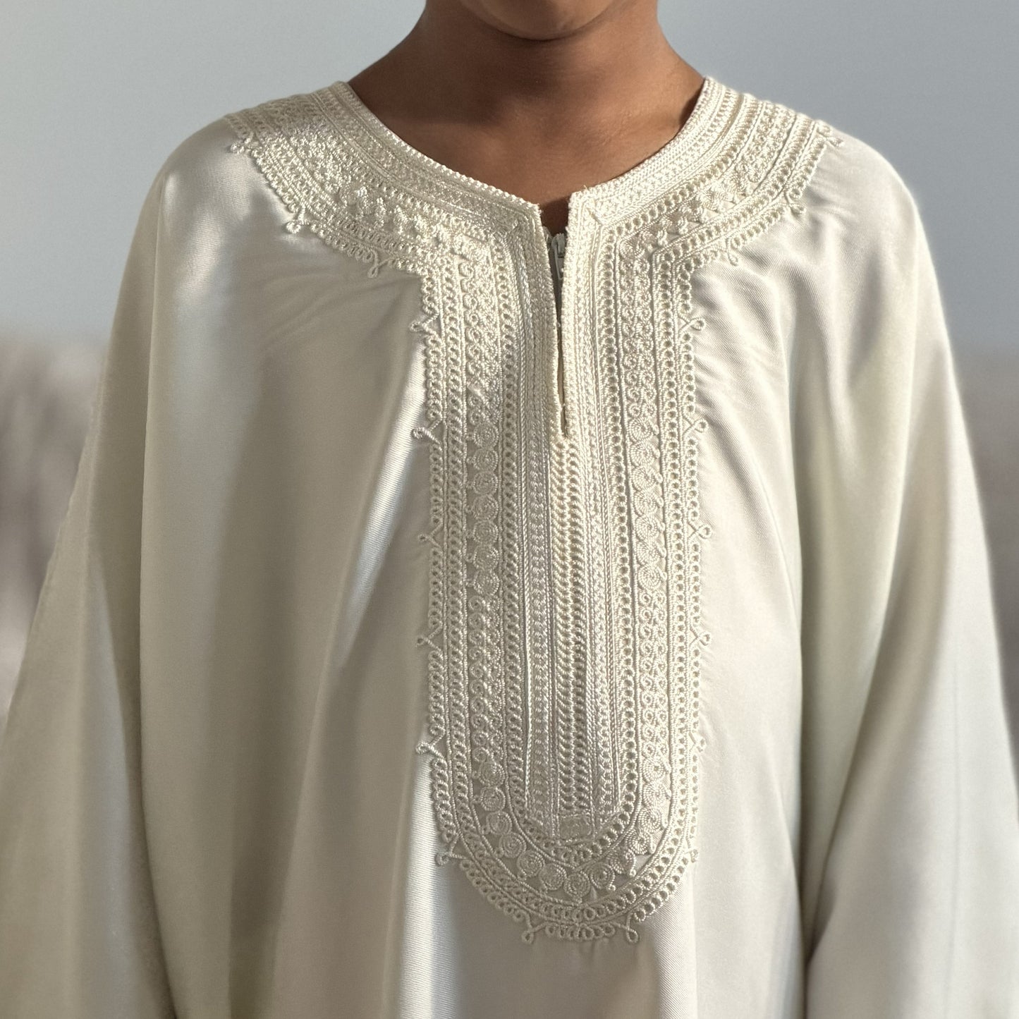 Off White - Boys Moroccan Kaftan Thobe - Premium Gaberdine Fabric