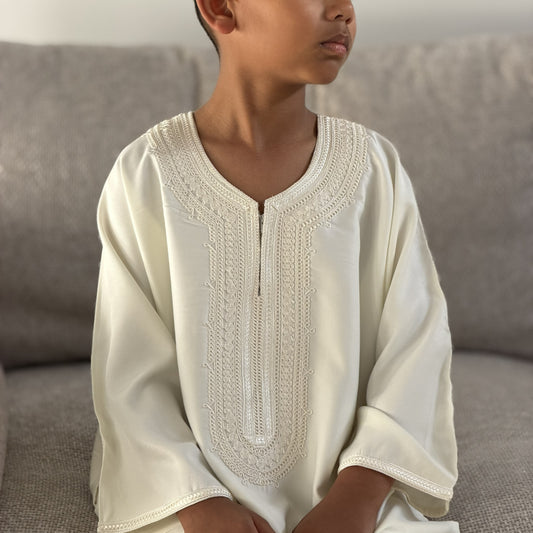 Off White - Boys Moroccan Kaftan Thobe - Premium Gaberdine Fabric