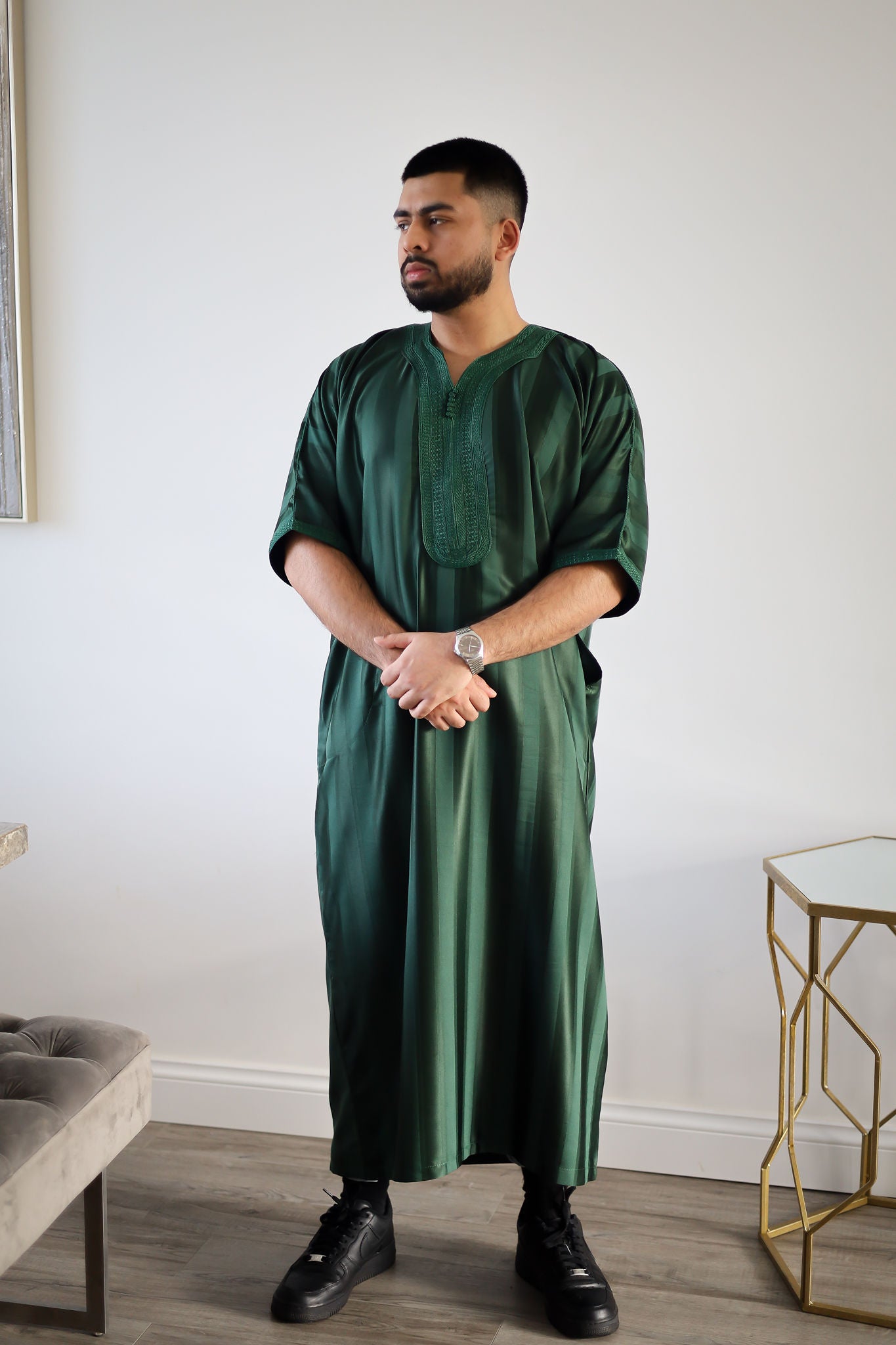 Green - Men’s Classic Moroccan Thobe - Striped
