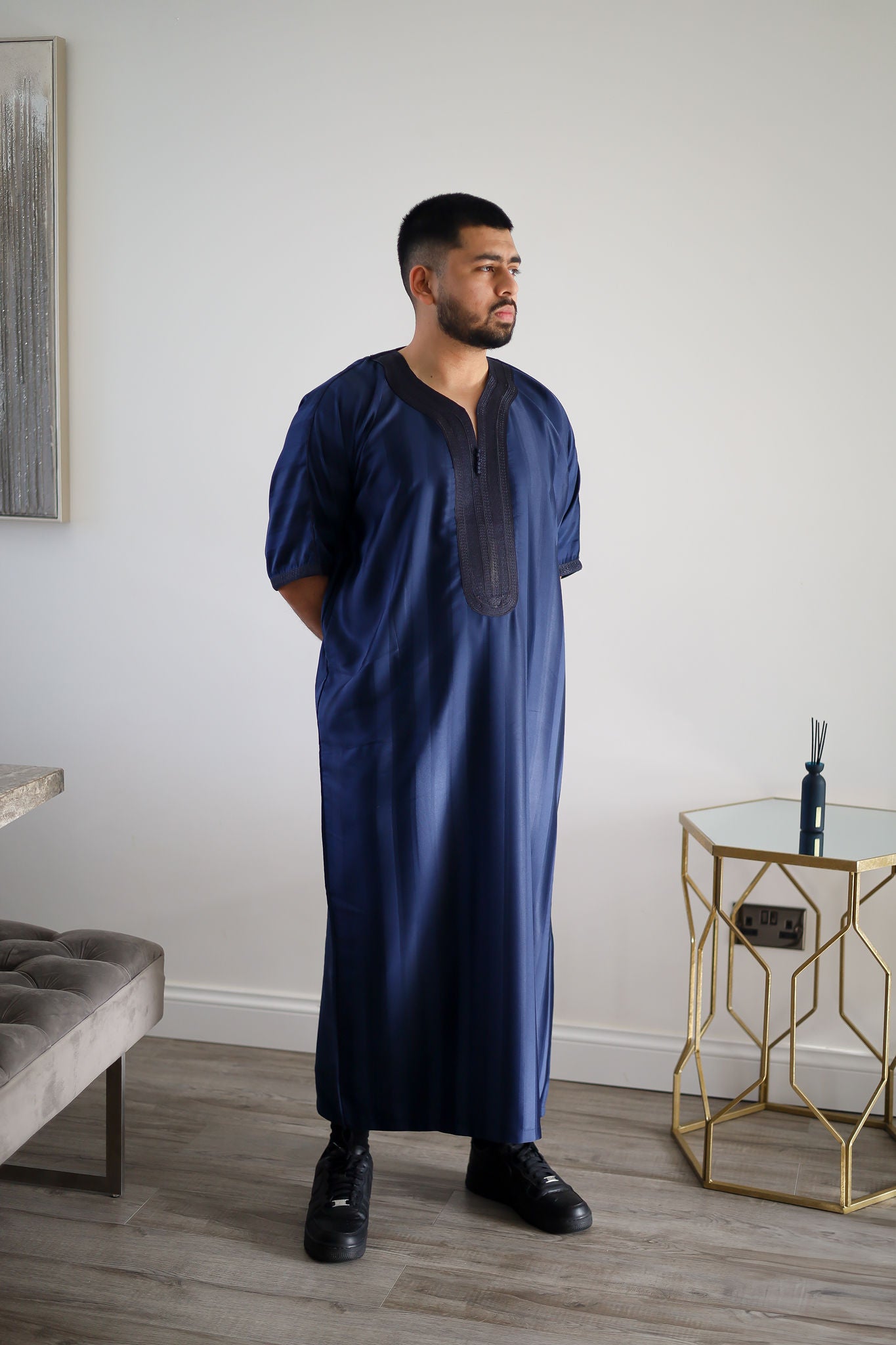 Navy - Men’s Classic Moroccan Thobe - Striped