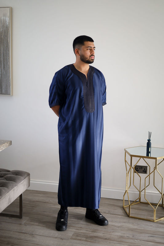 Navy - Men’s Classic Moroccan Thobe - Striped