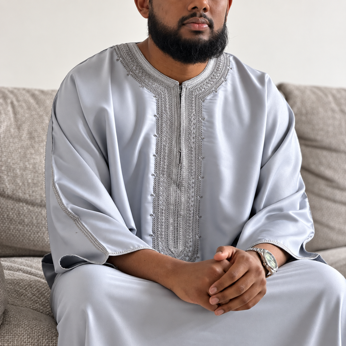 Grey - Men’s Moroccan Kaftan Thobe - Premium Gaberdine Fabric