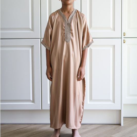 Beige - Kids Classic Moroccan Thobe - Striped