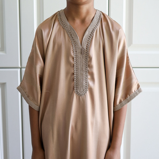 Beige - Kids Classic Moroccan Thobe - Striped