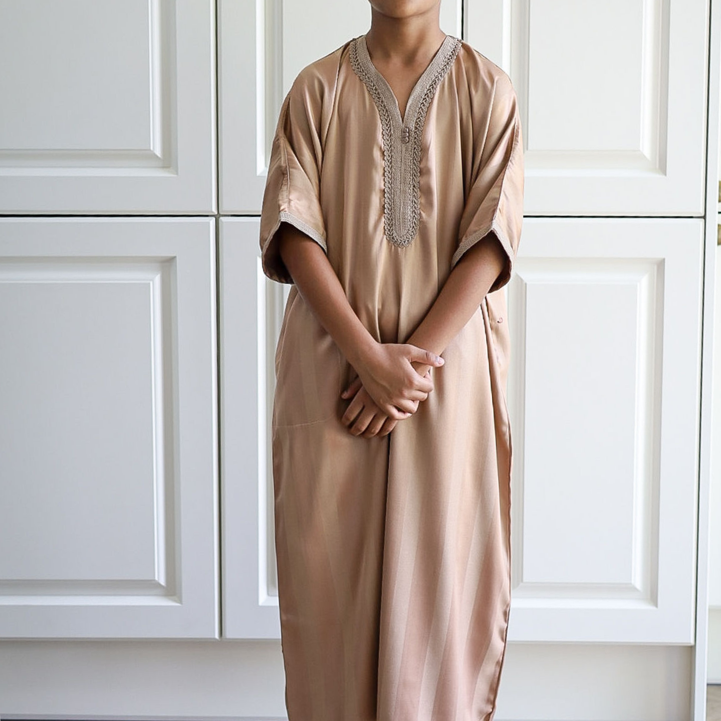 Beige - Kids Classic Moroccan Thobe - Striped